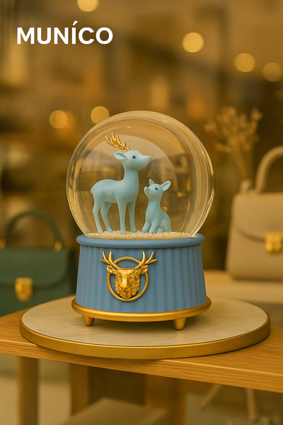 Munico Küçük Boy Geyik Figürlü Kar Küresi Mavi Tabanlı, Simli Efekt Kış ve Yılbaşı Dekoru İçin Mini Geyik