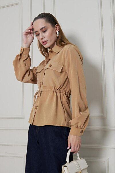 Pasaklı Giyim Γυναικεία μπλούζα/πουκάμισο με μακρύ μανίκι από ύφασμα καραμέλα κουπρά με κορδόνι στη μέση 3738308
