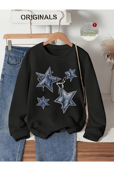 GALASHOP Kadın zincilirli Yıldız baskılı sweatshirt