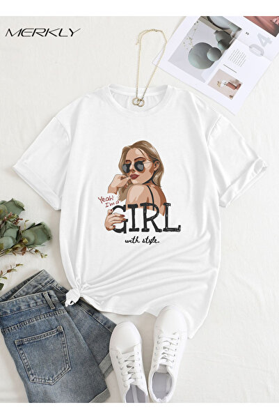 barsdepo Tricou Girl cu imprimeu , supradimensionat Tricou alb unisex pentru ...