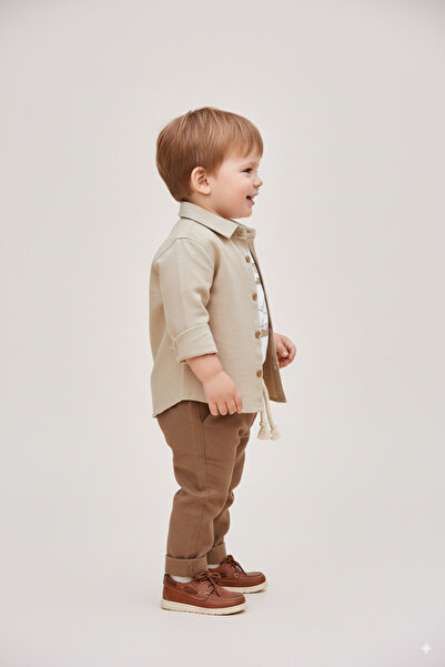 momchi Cream Brown Boys' 3-Piece Set 100% Linen Shirt & Pants, 100% Cotton T-Shirt with Kite Embroidery