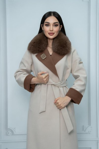 Eccim Fashion Kürk Yakalı Kontrast Manşetli Uzun Kadın Palto Kaban