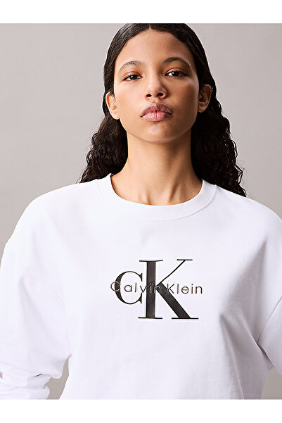 Calvin Klein Kadın Pamuklu CK Logo Detaylı Uzun Kollu Beyaz Sweatshirt LV047B234G-YAA