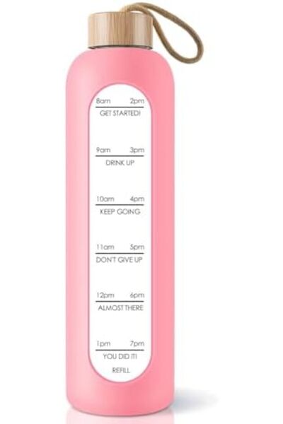 X SPRING Glass Water Bottle, 32 Oz Borosilicate Water Bottle with Time Marker and Bamboo Lid