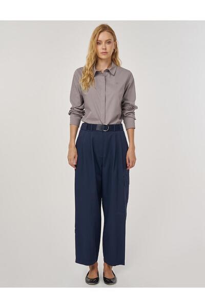 Kayra Belt Detailed Relaxed Fit Trousers Dark Navy Blue