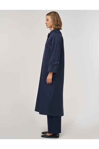 Kayra Şömizye Yaka Uzun Trençkot Koyu Lacivert