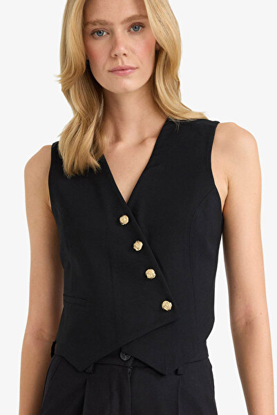 DeFacto Regular Fit V-Neck Cross Buttoned Tensel Black Women's Vest D4568Ax/Bk81