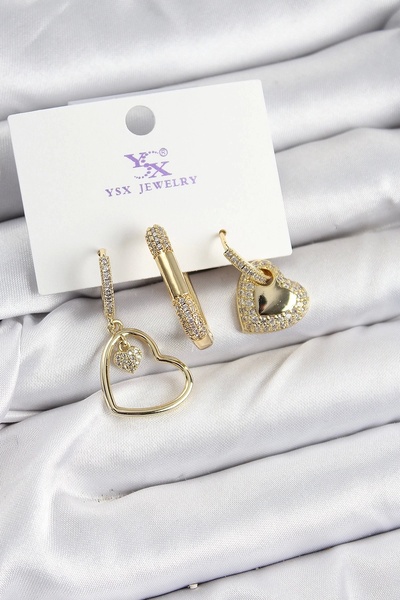 Clariss Brass Zircon Stone Heart Model Gold Color 3-Piece Women's Earrings