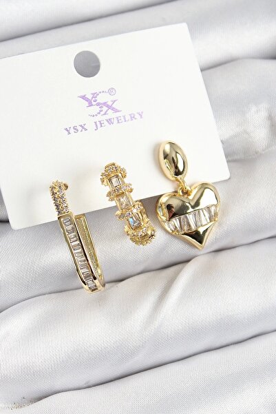 Clariss Brass Zircon Stone Heart Model Gold Color 3-Piece Women's Earrings