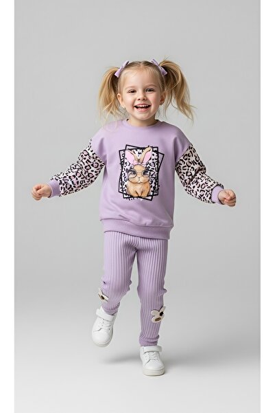 Beray Bebe Kolları Leopar Desenli Tavşan Baskılı Fitilli Taytlı Kız Çocuk Takımı