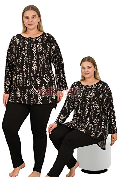 quilling 11429 Women's Long Sleeve Plus Size Mom Pajama Set with Black Color and Ethnic Pattern
