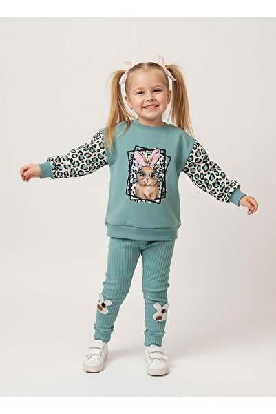 Beray Bebe Girls' Set with Leopard Patterned Sleeves and Rabbit Printed Ribbed Leggings