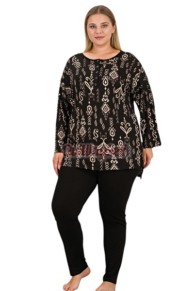 quilling 11429 Women's Long Sleeve Plus Size Mom Pajama Set with Black Color and Ethnic Pattern