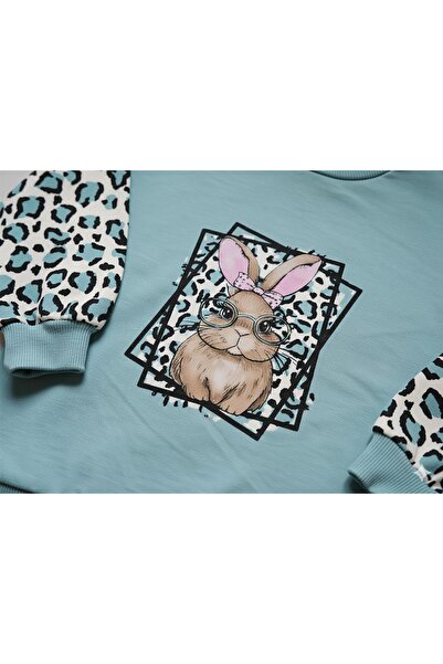 Beray Bebe Girls' Set with Leopard Patterned Sleeves and Rabbit Printed Ribbed Leggings