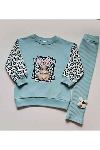 Beray Bebe Girls' Set with Leopard Patterned Sleeves and Rabbit Printed Ribbed Leggings