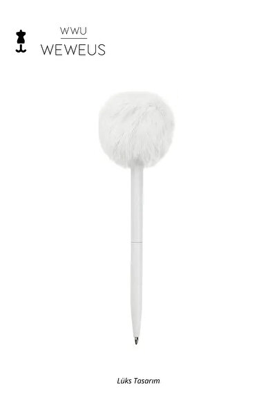 Weweus Beyaz Rose Tüylü Ponpon Lüks Tükenmez Kalem
