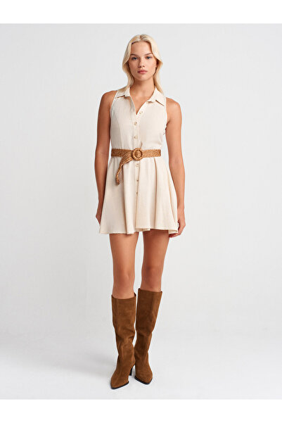Dilvin 90925 Belted Mini Dress-Ecru