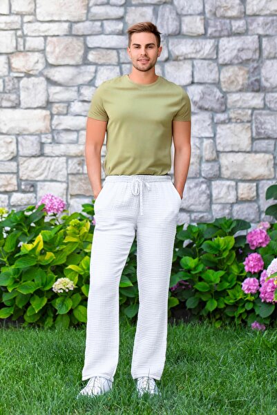 Eliş Şile Bezi Elastic Waist Multi Double Pocket Muslin Women'S/Men's Unisex Summer Trousers White Byz