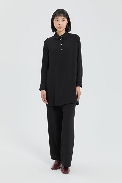 Nihan Gold Düğmeli Pantolon Tunik Takım Siyah