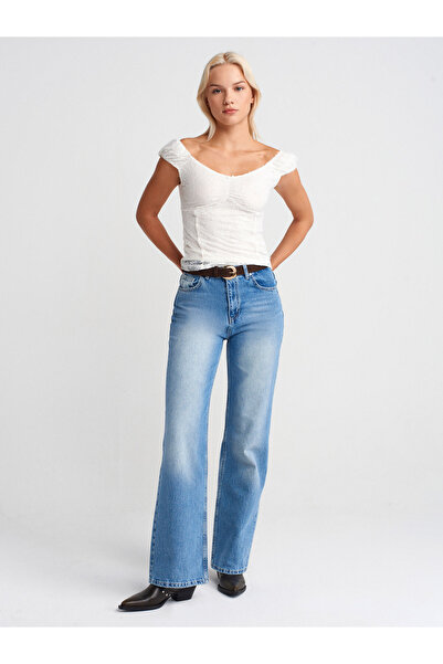 Dilvin 72048 بنطلون جينز واسع الساق من القماش القطني بنسبة 100% - أزرق فاتح