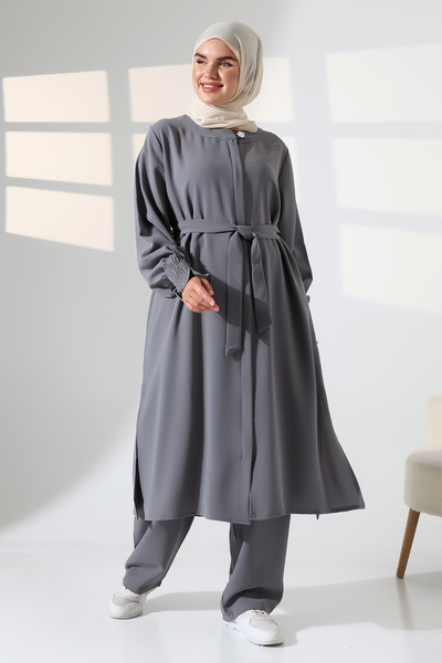 ihvanonline Women's Linen Hajj and Umrah Clothing Belted Hijab Two-Piece Set - Gray
