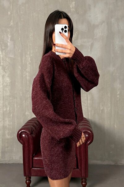 My Blog Burgundy Cardigan and Skirt Knitwear Set - 00377