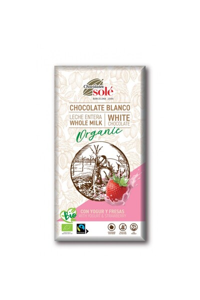 Chocolates Sole Ciocolata alba bio cu iaurt si capsuni, 100g