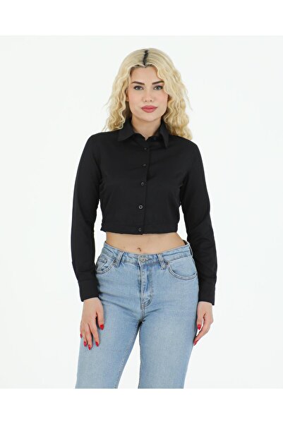 Sortie Cămașă crop elastică, cu mânecă lungă, de culoare neagră pentru femei