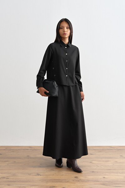 Nihan Metal Aksesuarlı Gömlek Etek Takım Siyah