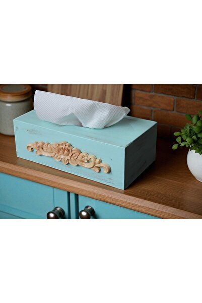 Decoratiuni Vintage Casa Retro Blue wooden napkin box and carved wooden ornam...