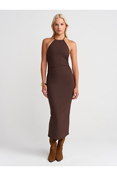 Dilvin 91518 Halter Neck Midi Dress-Brown