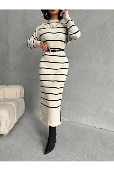 mirabella فستان تريكو نسائي مخطط بأكمام طويلة - مقاس S-M-L-XL مناسب للمنتج ال...