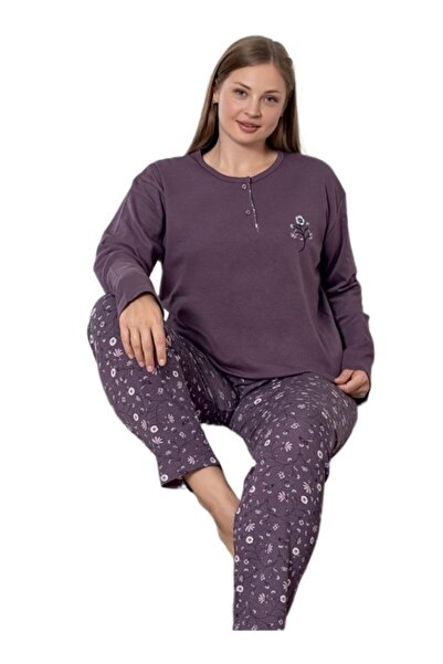 bipamuk Serena Line Interlock Fabric Plus Size Women's Pajama Set Winter 3Xl/6Xl