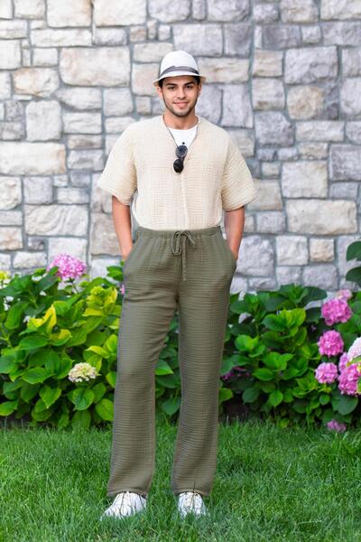 Eliş Şile Bezi Elastic Waist Multi Double Pocket Muslin Women'S/Men's Unisex Summer Trousers Khaki Hk