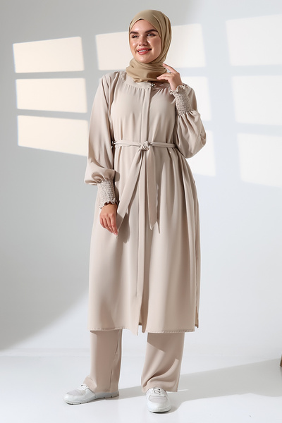 ihvan online Women's Linen Hajj and Umrah Clothing Belted Hijab Two-Piece Set - Cream