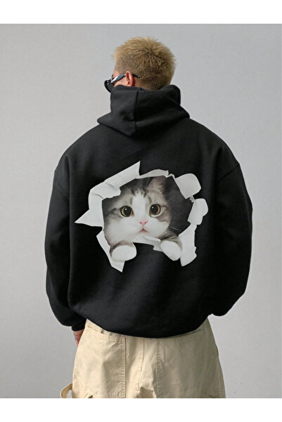 COHERENT Unisex Men/Women Colorful Cat Custom Printed Cotton Oversize Hooded Sweatshirt