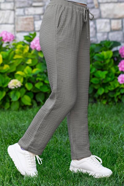 Eliş Şile Bezi Elastic Waist Multi-Pocket Muslin Women'S/Men's Unisex Summer Trousers Gray Gray
