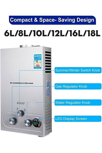 DacEnergy Incalzitor instant pe GPL, carcasa din otel inoxidabil, afisaj LED si butoane de control, 16 L