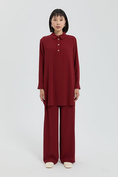 Nihan Gold Düğmeli Pantolon Tunik Takım Bordo