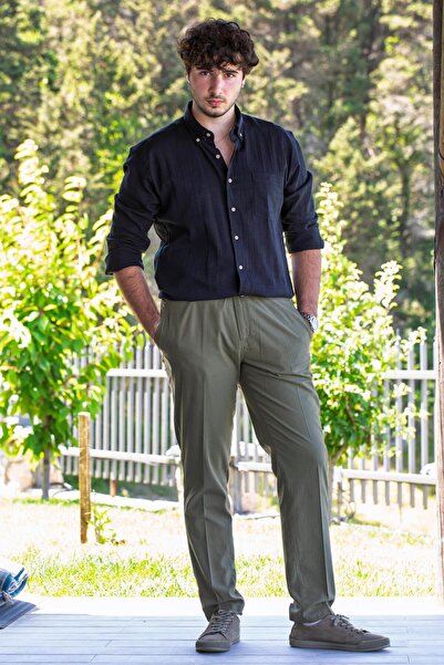 Eliş Şile Bezi Flamıli Cotton Buttoned Men's Summer Trousers Khaki Hk