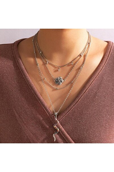 Pursehuit Colier de culoare argintie, în 4 straturi, cu pandantiv în formă de...