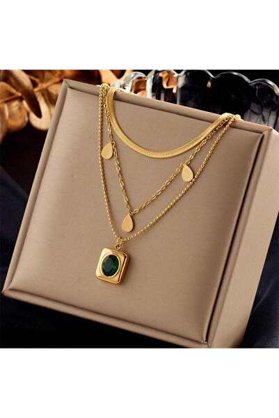 Pursehuit Colier auriu, în 3 straturi, cu piatră verde, realizat din oțel ino...