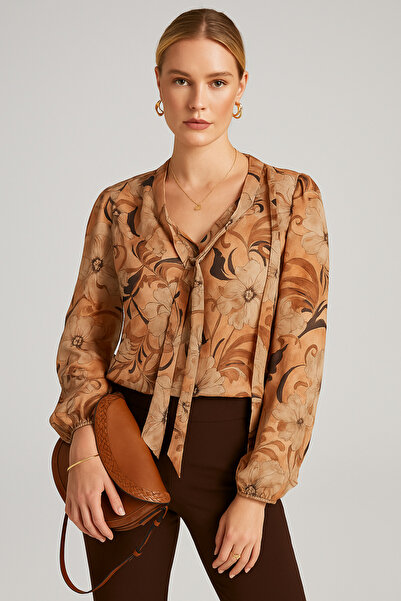 Rich Дамска кафява шифонова блуза – модел с шарка и шал