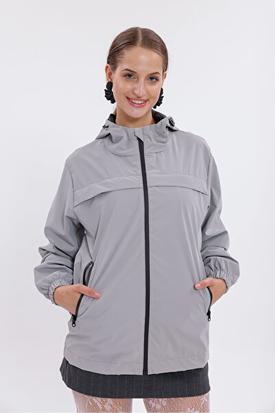 Montland Women's Gray Hooded Nova Fabric Stylish Seasonal Waterproof and Windproof Raincoat