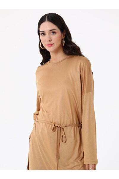 Benin Rahat Kalıp Beli Bağlamalı Uzun Tunik - Camel -