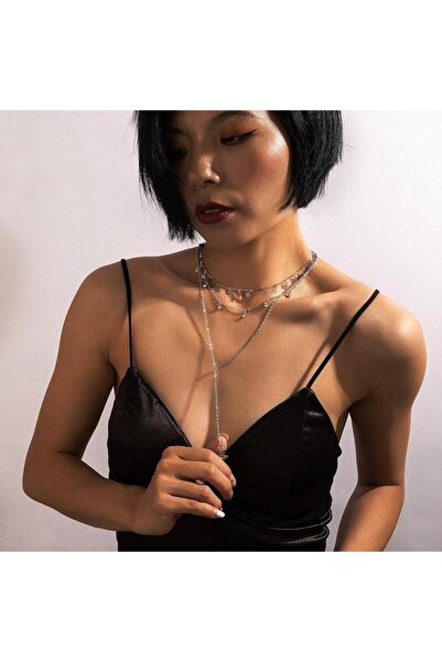 Pursehuit Colier argintiu, în 3 straturi, cu stele și semilună, Ninny C11