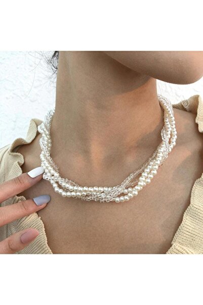 Pursehuit Κολιέ σε ασημένιο χρώμα, με μαργαριτάρια και διαφανείς χάντρες, Kai...