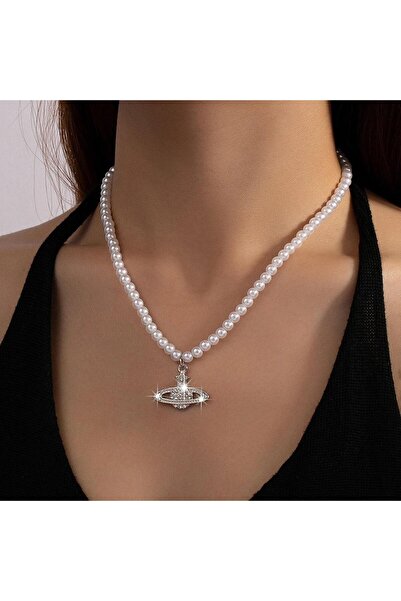 Pursehuit Colier argintiu cu perle, pietre și pandantiv planetar, Saturn C4