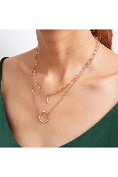 Pursehuit Set de 2 coliere, aurii și argintii, cu mărgele roz, Florence C12