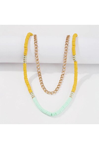 Pursehuit Colier cu 2 straturi, auriu, cu piese galbene și turcoaz, Tona C2